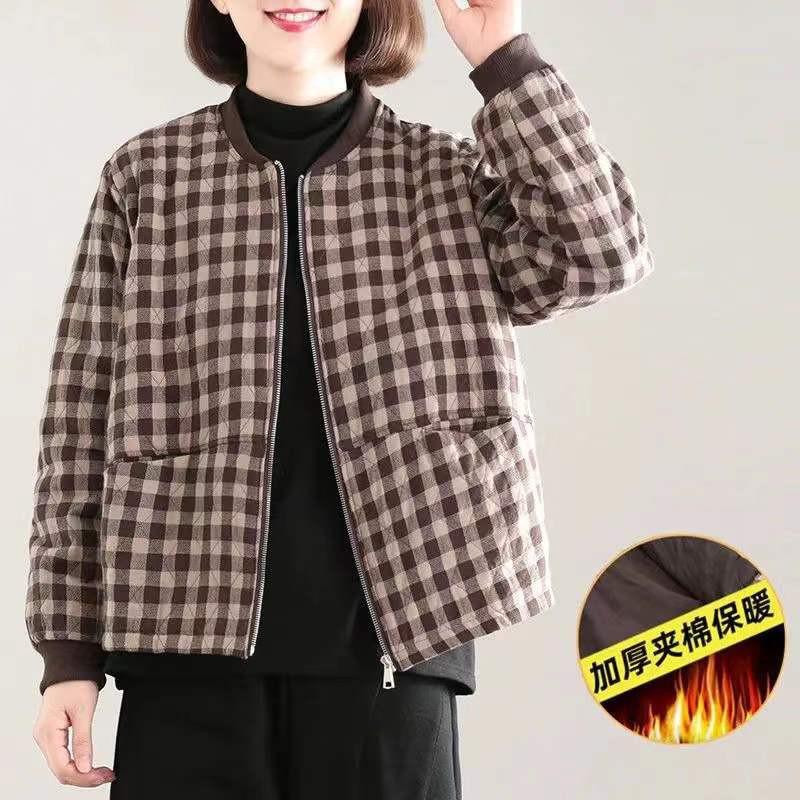 Mom's New Autumn/Winter Lightweight Plaid Cotton Jacket - Loose Fit, Plus Size, Casual Korean Style Outerwear for Women