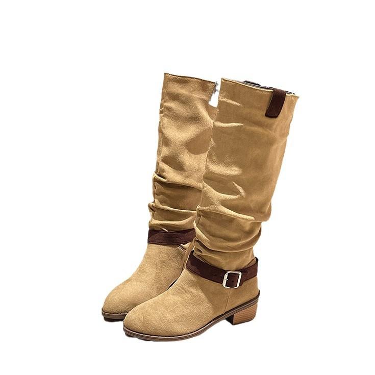 Große Größen 36~ 43 Mode dünne Stiefel Damen 2024 Herbst und Winter neue Gürtelschnalle dicker Absatz Damenstiefel