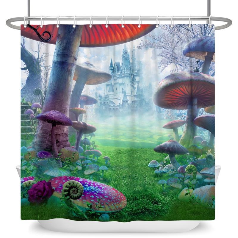 Enchanted Forest Shower Curtain Cartoon Magic Tale Mushroom Wonderland Gothic Shower Curtain Waterproof Bath Decor With Hooks