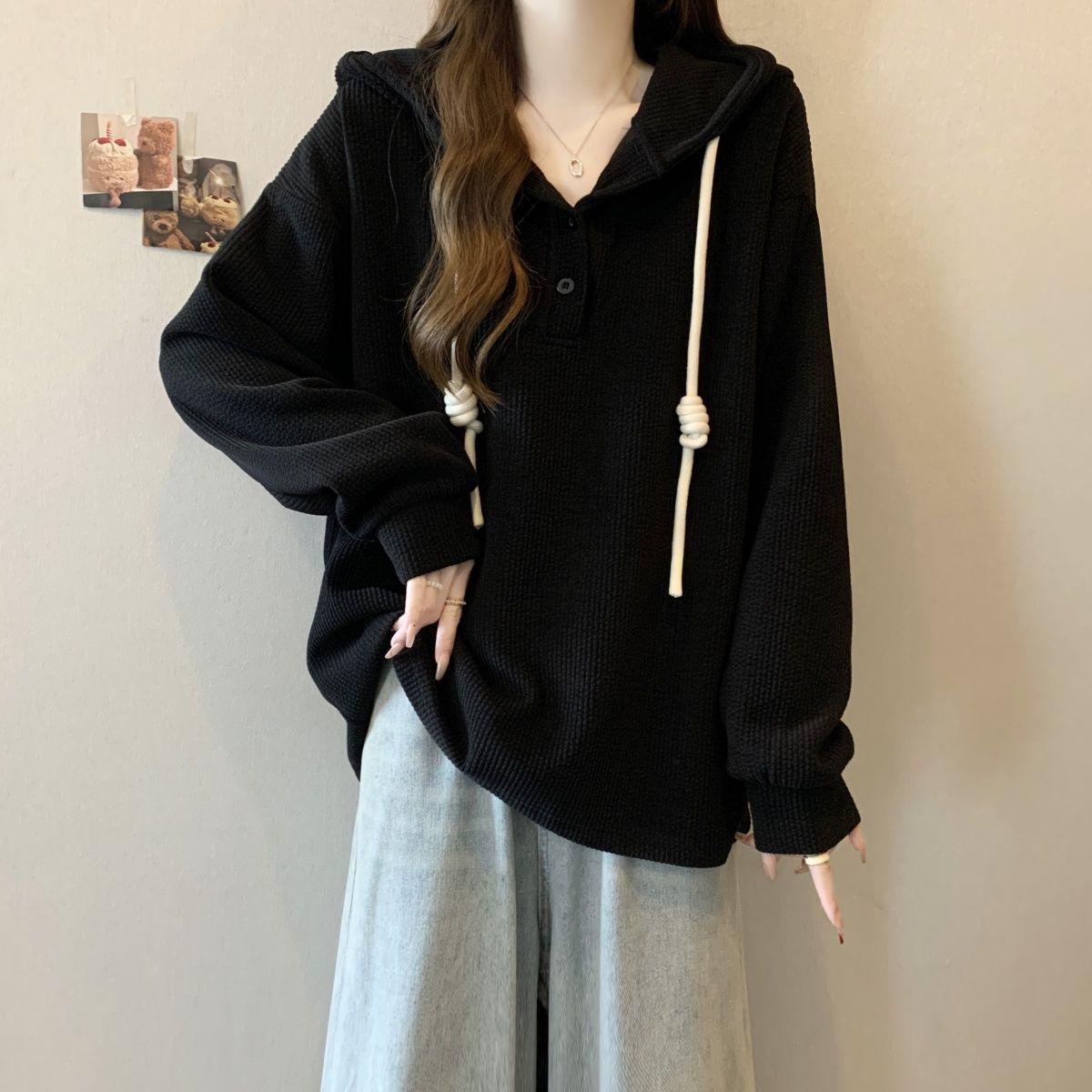 Plus Size Women s Textured Ribbed Hoodie - Slimming Loose Fit Long Sleeve for Autumn/Winter 2025 S (60-80 jin) чёрный
