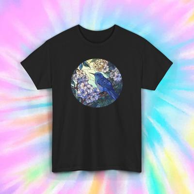 Blauer Vogel und florale Naturkunst T-Shirt Schönes Vogelliebhaber Blumen Grafik T-Shirt