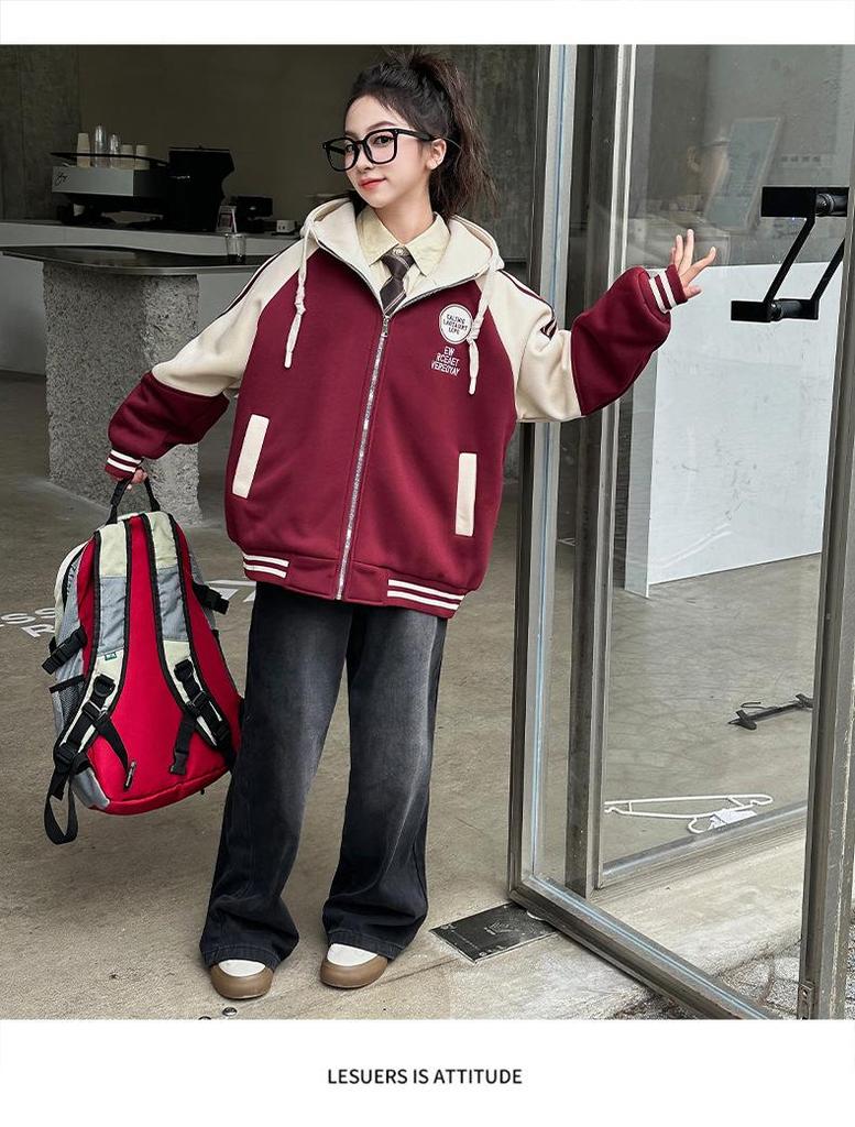 Girls' Winter Casual Coat 2025: Trendy Zip-Up with Round Logo, Thickened for Warmth