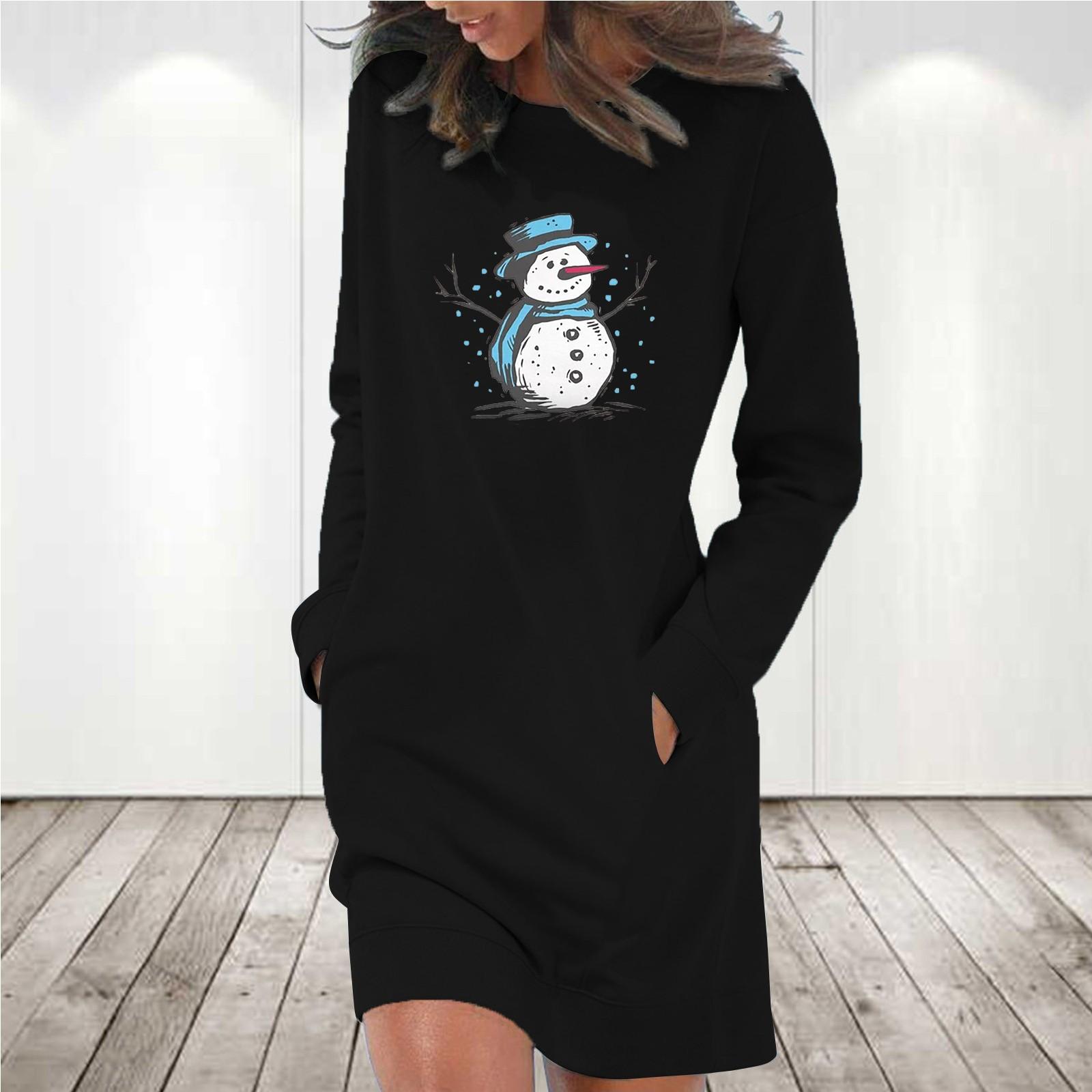 

Женское повседневное однотонное платье с длинным рукавом и круглым вырезом, карманом, с Рождеством M чёрный