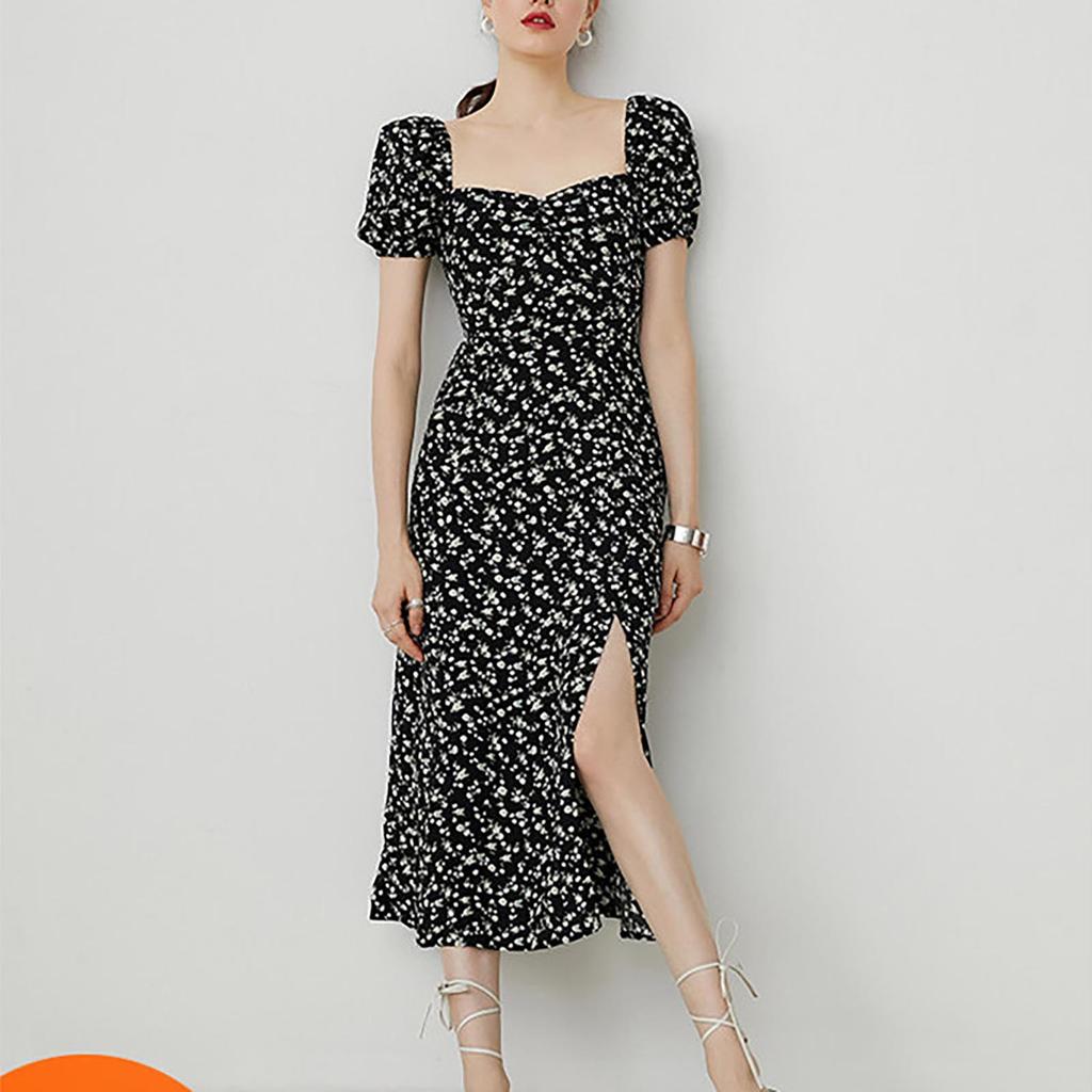 French Sweet Tea Break Square Neck Bubble Sleeve Small Fresh Fragmented Flower Dress Black Temperament Long Dress Children's Summer