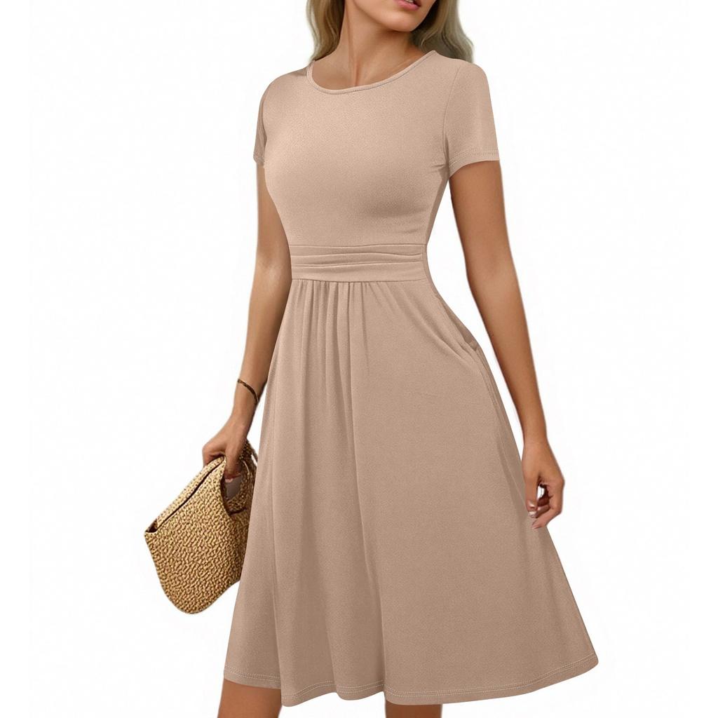 Women's Casual Fashion Round Neck Pleated Short Sleeve Solid Color A-Line Midi Dress