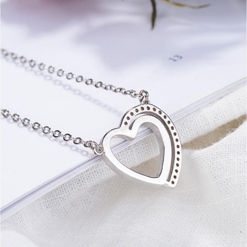 S925 Sterling Silver Double Heart Necklace Women's Fashionable Simple Temperament Heart-to-Heart Printed Clavicle Necklace