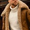 Men Jacket Contrast Color Patchwork Plush Lining Turndown Collar Zipper Coldproof Winter Faux Fur Outerwear Streetwear
