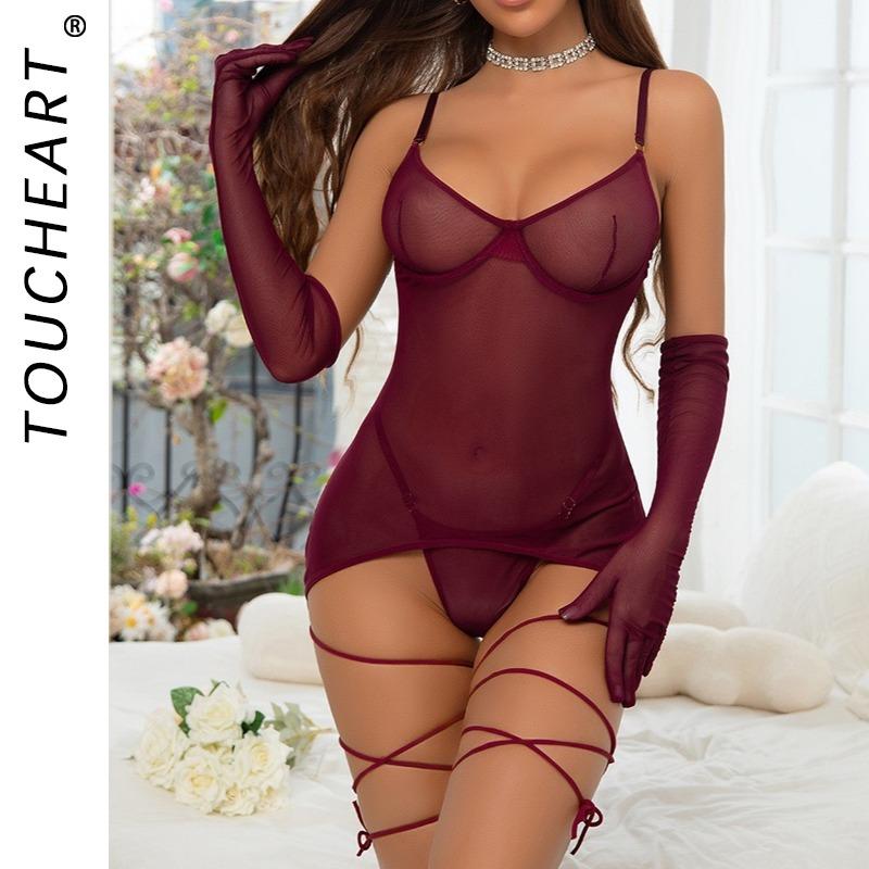 Toucheart Sexy Women Mesh Lingerie Set Backless Perspective Rope Design Women's Underwear With Gloves Thong Sex Suit Intimate Apparel