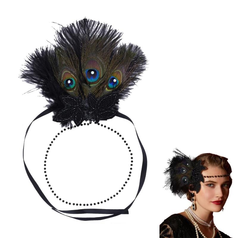 Vintage Feathered Headpiece 1920s Flapper Cosplay Headband Headpiece for Women Masquerade Halloween Weddings Parties