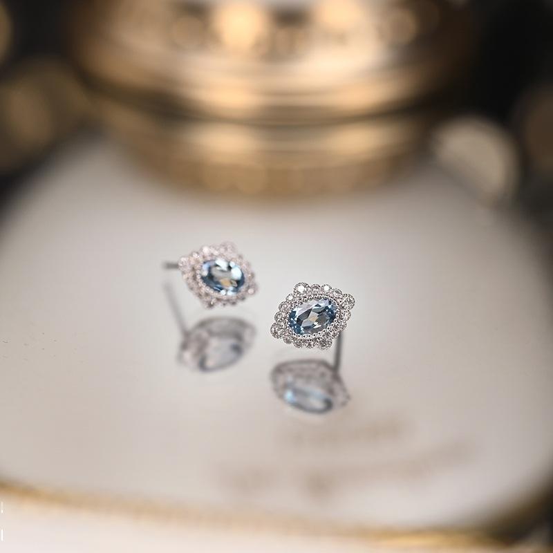 

S925 Sterling Silver Plated White Gold Blue Zircon Vintage Rhombus Small Earrings Elegant Women s Jewelry серебряный