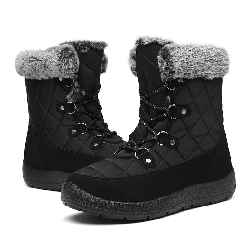 JSWEI Waterproof Snow Boots with Winter Faux Thick Size Cm Women's Non-Slip Boots, Fur, Abrasion-Resistant, Ultra-Lightweight, Sole, Lace-Up, Casual,