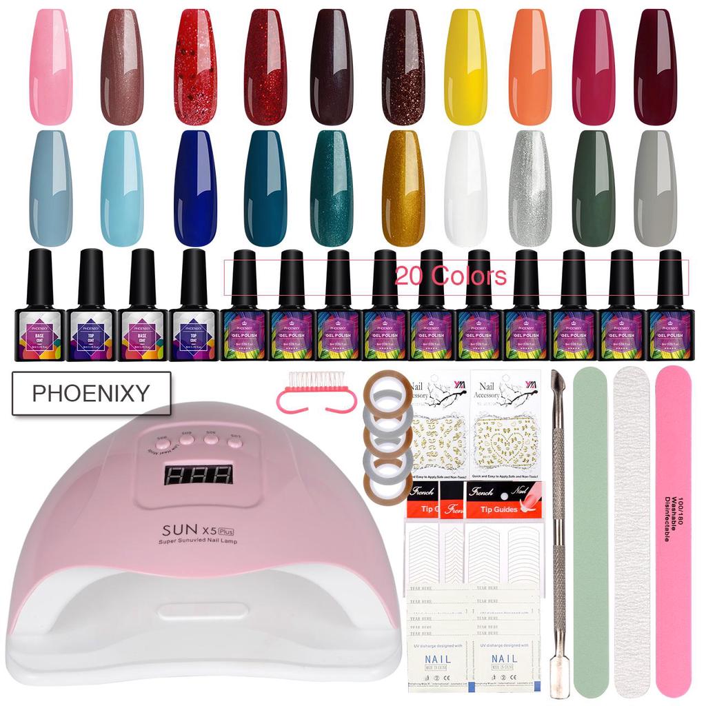 PHOENIXY Nail Art Kit con 80w LED UV Lámpara 20 colores Gel de Uñas