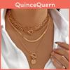 Collier Pendentif Multicouche Géométrique Cœur Étoile Pièce de Monnaie pour Hommes Femmes Style Noir Or Argent