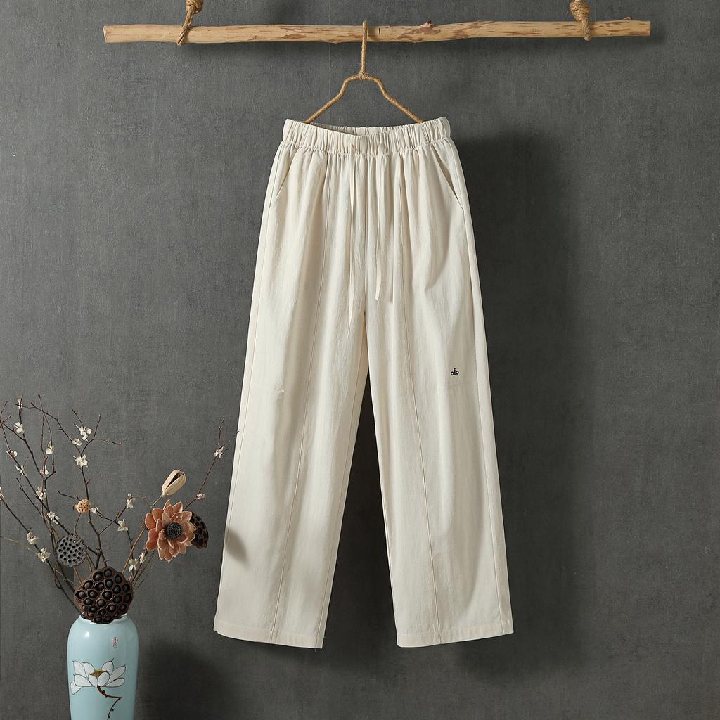 Women Summer Cotton Hemp Cropped Pants Mid-Rise Elastic Waistband Casual Pants Solid Color
