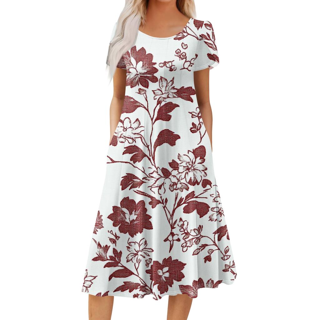 Women's Casual Fashion Round Neck Printed Short Sleeve Pocket Dress