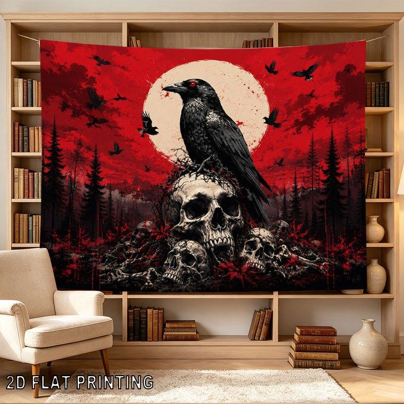 2D Flat - 2D Flat - 1pc 2D Flat Tapestry A Crow Perches on Skulls Under a Blood-Red Moon, with Crows Flying Amidst a Dark Forest