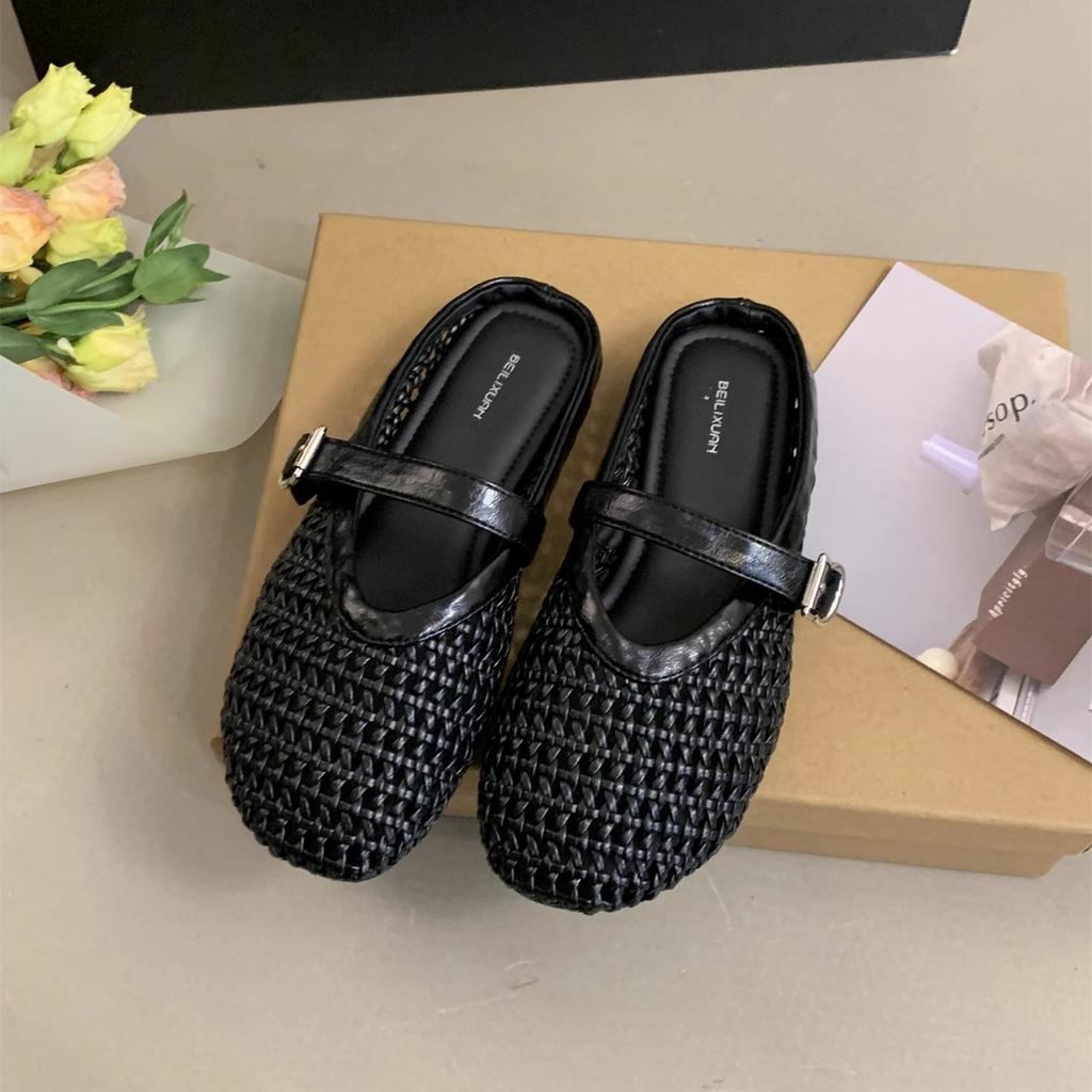 Flat bottom soft bottom bag head slippers women's outer wear 2025 summer new one-word belt Mary Jane woven hollow lazy shoes