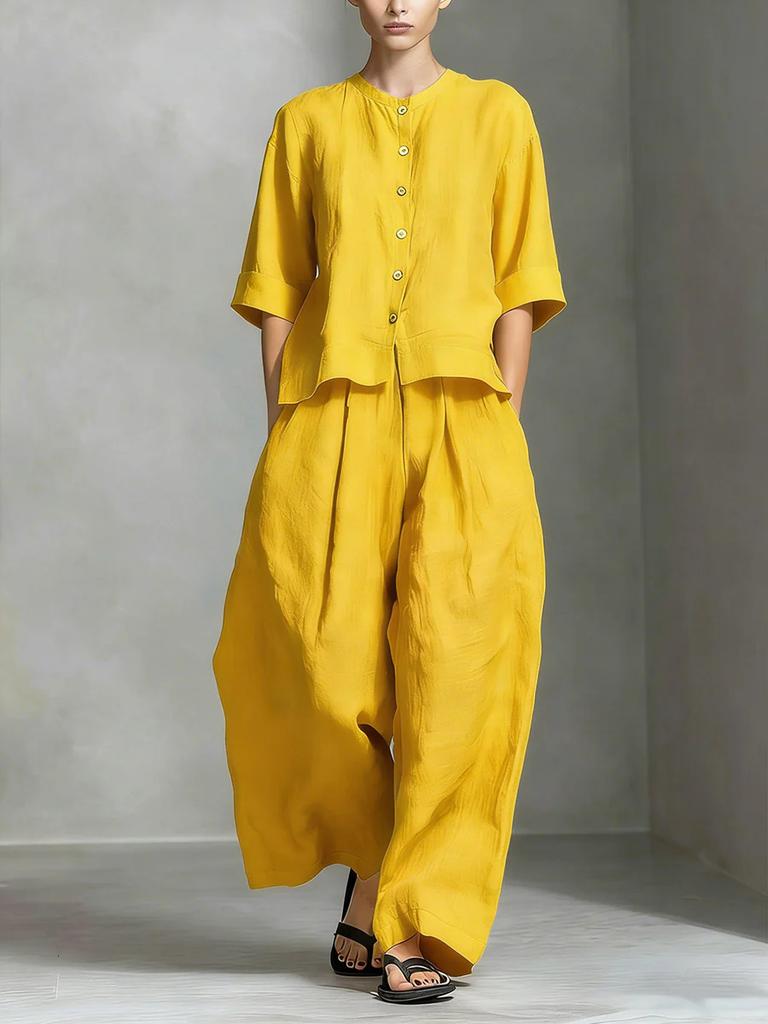 Completo Due Pezzi Donna Primavera/Estate Nuovo Casual Cotone Lino Camicia Pantaloni Larghi