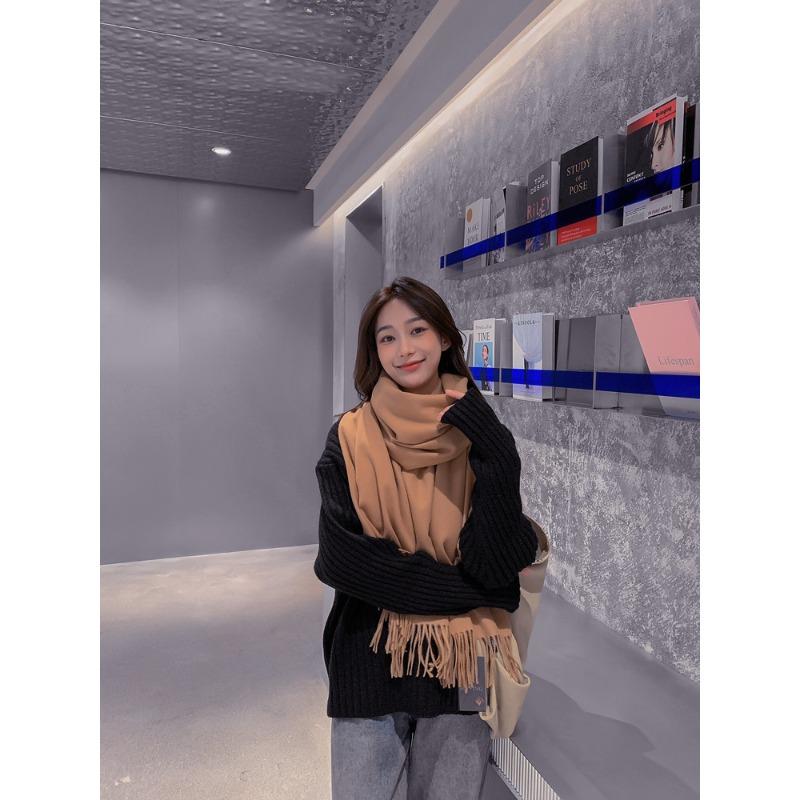 Solid Color Wool Scarf for Women Autumn and Winter Tassel Air Conditioned Room Shawl Green Red Winter Men's Cashmere Scarf