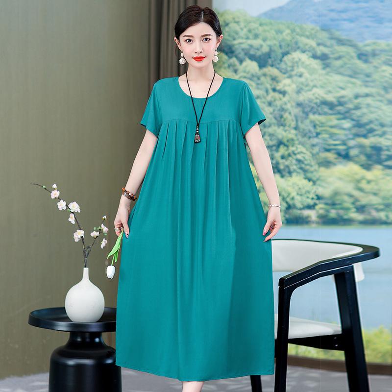 

Plus Size Loose Solid Color Pleated Summer Dress - Casual Versatile Long Skirt for Moms 4XL for 175-200 lbs