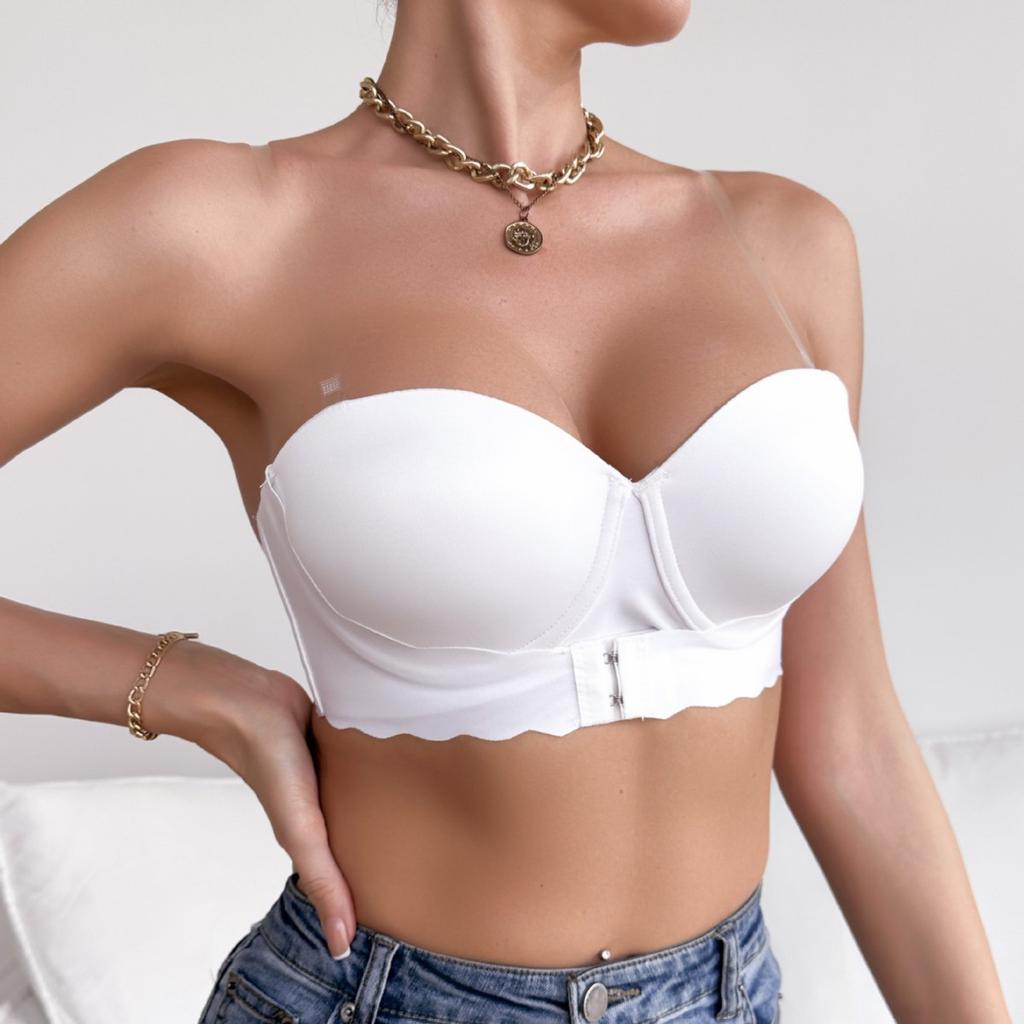 Women Strapless Front Closure Push Up Non-Slip Long Line Bandeau Bra