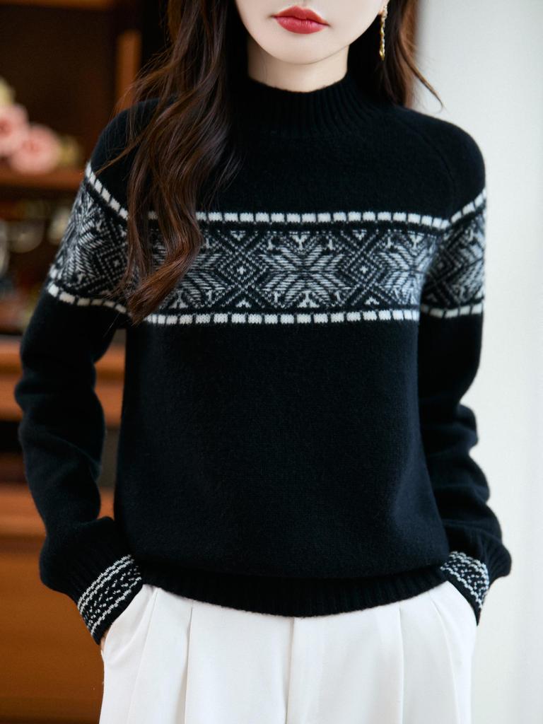 Elegant Women's Fair Isle Jacquard Knit Wool Sweater - 2025 Autumn/Winter Collection