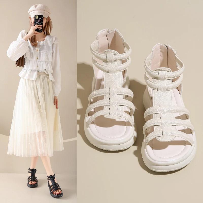 Fashion Girls Roman Sandals Open Toe Braided Solid Color High-top Simple Rivets New Summer Hollow Flat Casual Shoes Fashion Casual White
