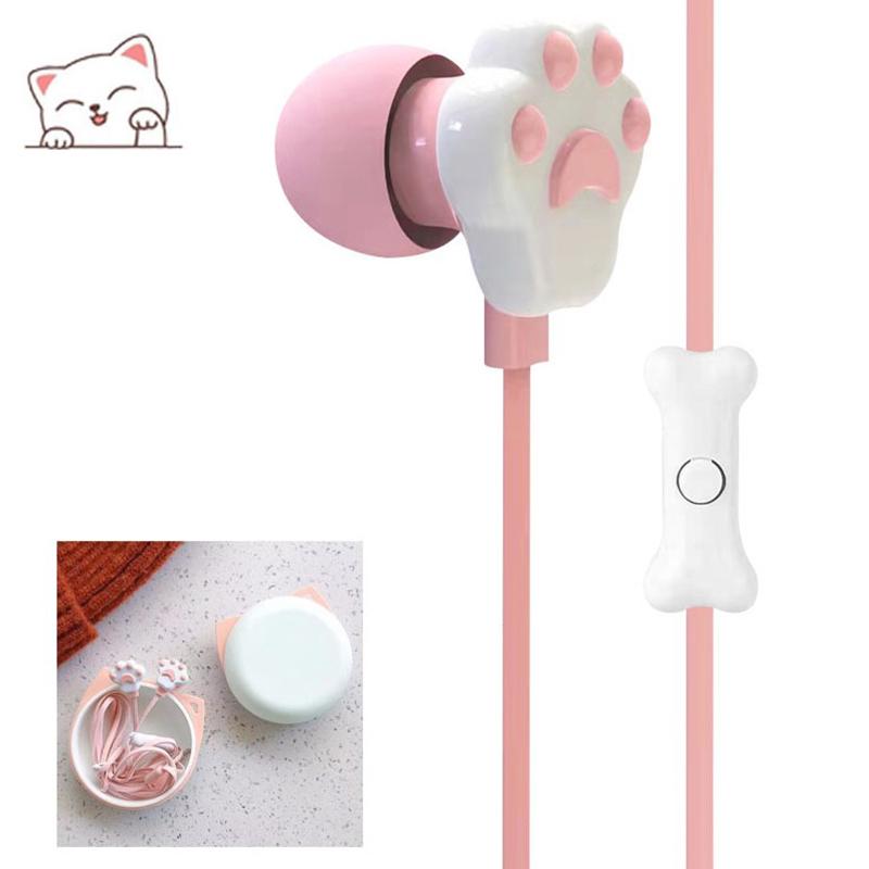 

3.5Mm Wired Earphones For Girls Cute Cat Paw In-Ear Headphone With Mic Gaming