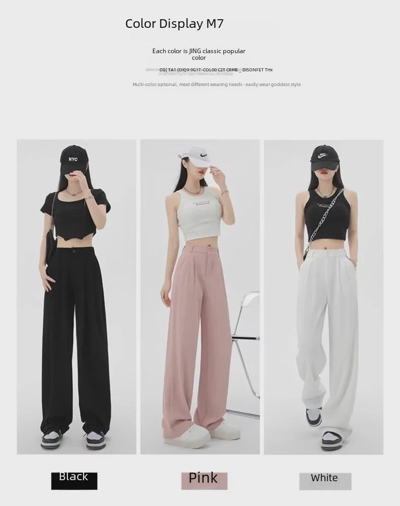 Pantalones rectos negros de cintura alta y pierna ancha, ajustados, de primavera 2024: nueva moda informal con corte drapeado.