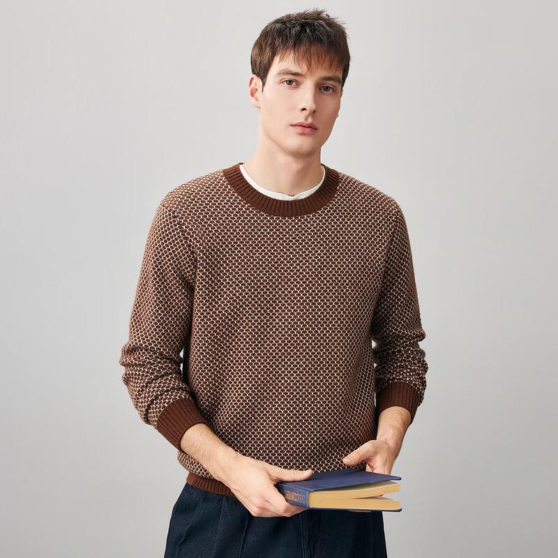 Kemongboka Men's 100% Wool Jacquard Round Neck Thick Knit Sweater