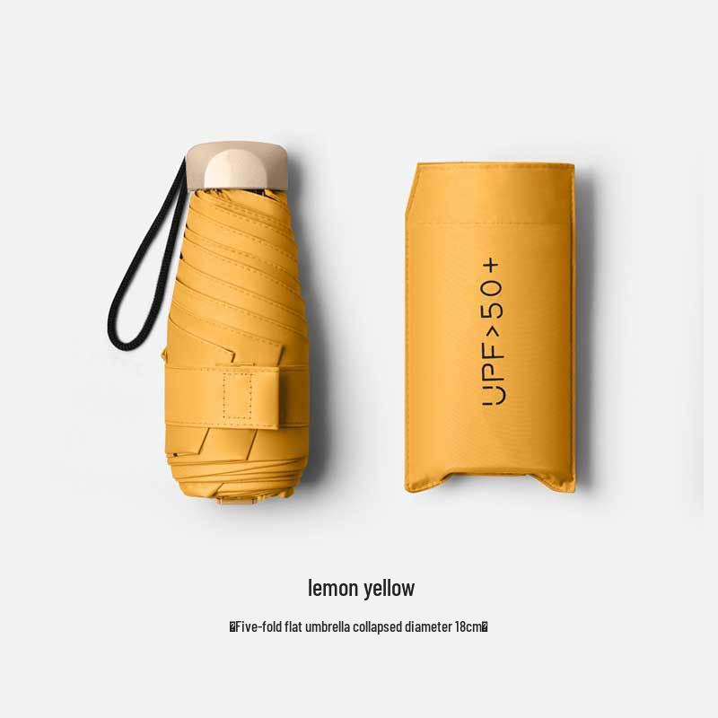 Five-Fold UV Protection Compact Sun and Rain Umbrella, Black Glue Coating.