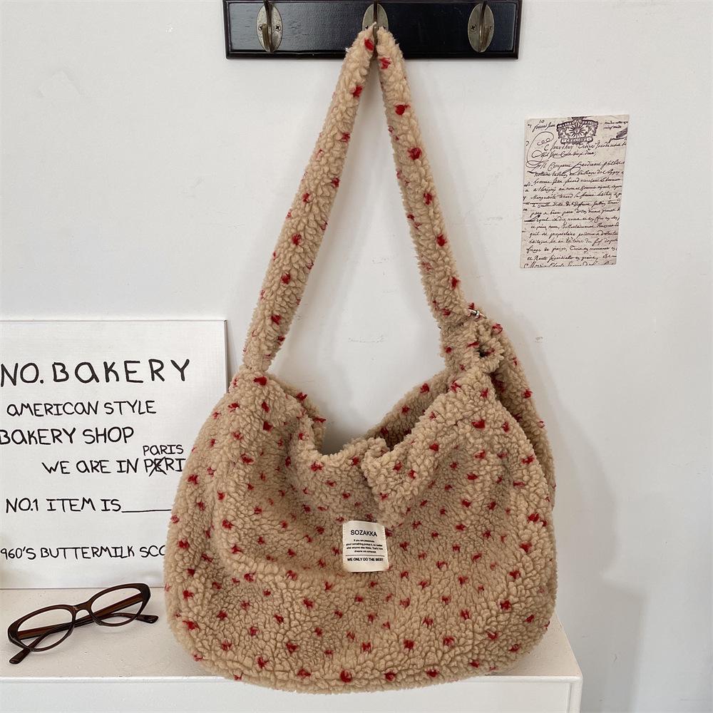 Herbst/Winter Plüsch Herz Umhängetasche - Canvas Schultertasche mit großem Fassungsvermögen