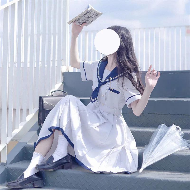 Summer Waist Cinched Mid Length Pleated A-line Skirt Sweet Women's Dress Sailor Collar Vestidos Female Lolita Dresses Summer Cute Women's JK