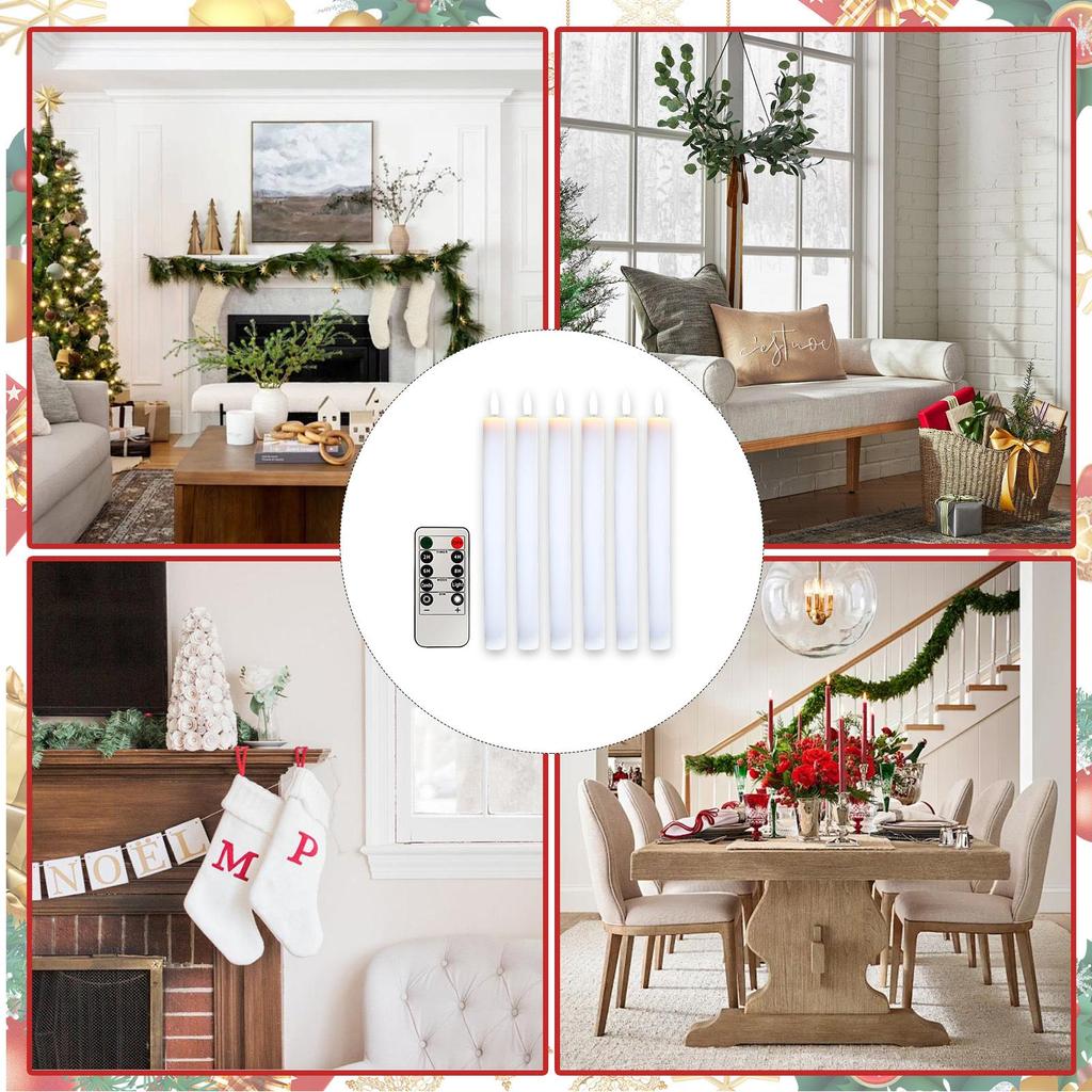 Flameless Taper Candle Set (6-Piece Set) with 10-Button Remote Control Long-Stem Electronic Candle and LED Wick Candle