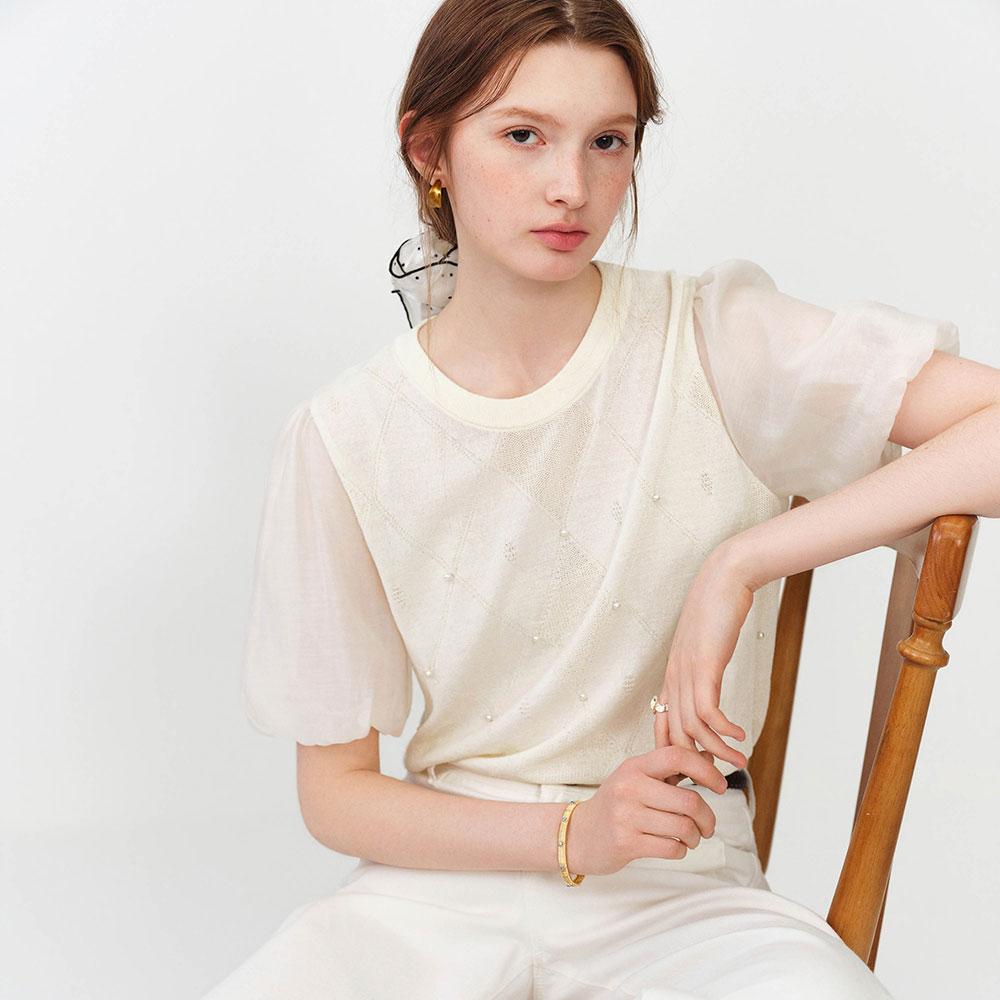 WEDNESDAY DELIGHT Wd_Beaded Sheer Puff Sleeve Knit Top_2Color