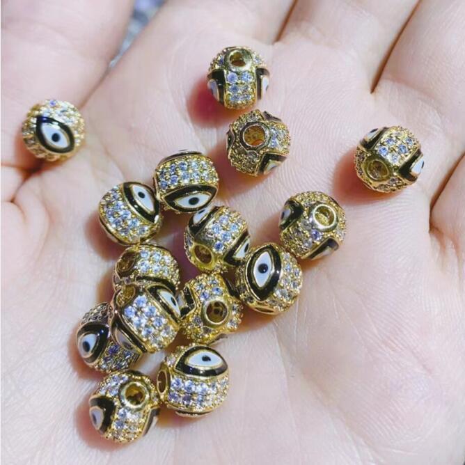 10mm Micro-Paved Round Evil Eye Beads, 14K Gold-Filled Copper with Zircon Epoxy