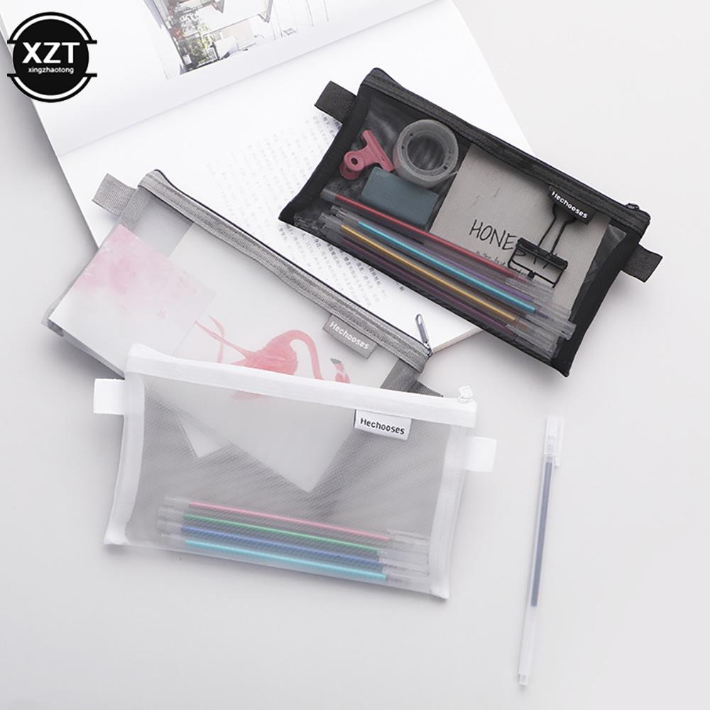 1 PCS Creative Mesh Transparent Cute Square Oval Portable Pen Pencil Pouch Bag School Office Supply Stationery Case Storage Bag