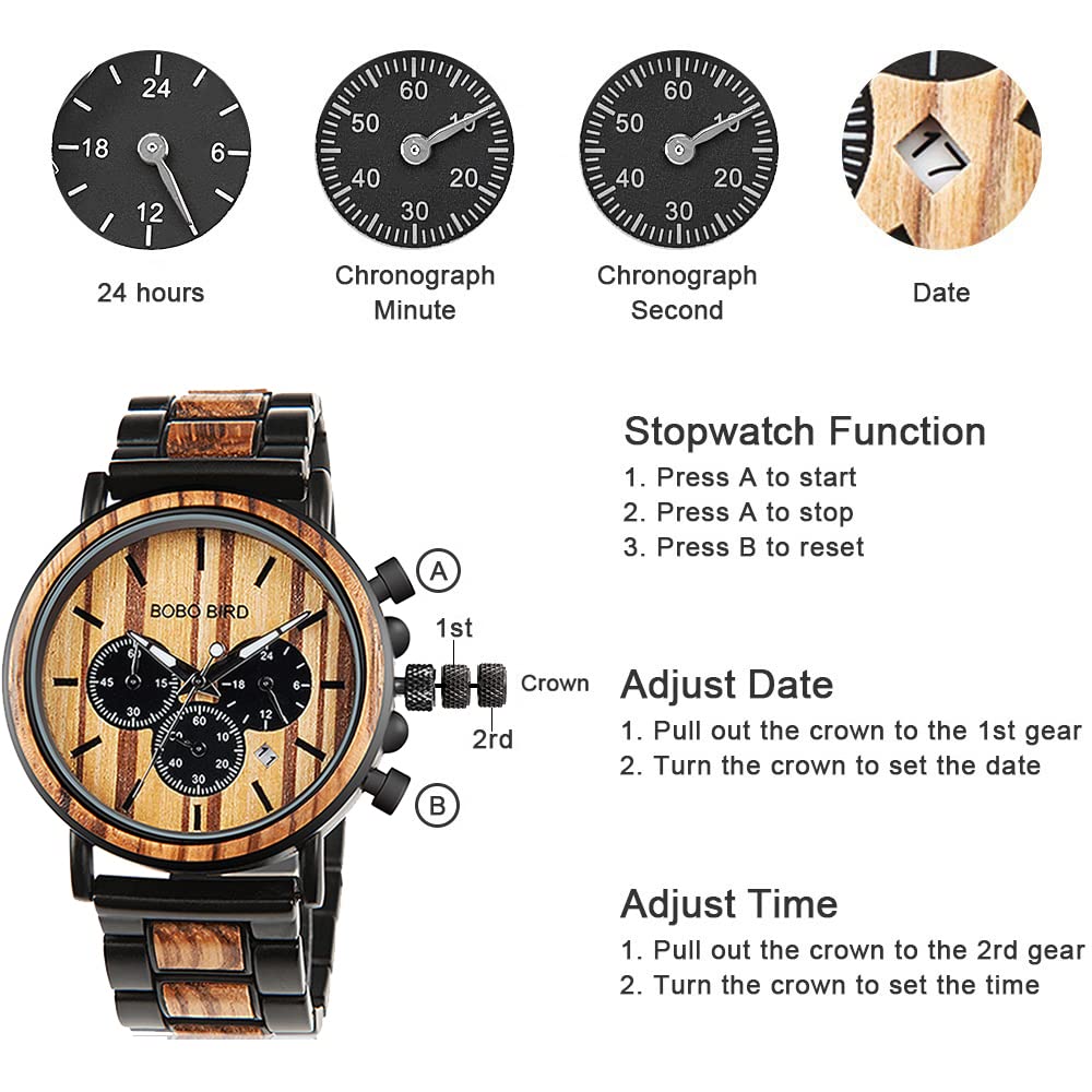 BOBO Bird Wooden Stylish Wood Stainless Steel Chronograph Military Quartz Casual Watch with Black Wood Band Men's Watch, &