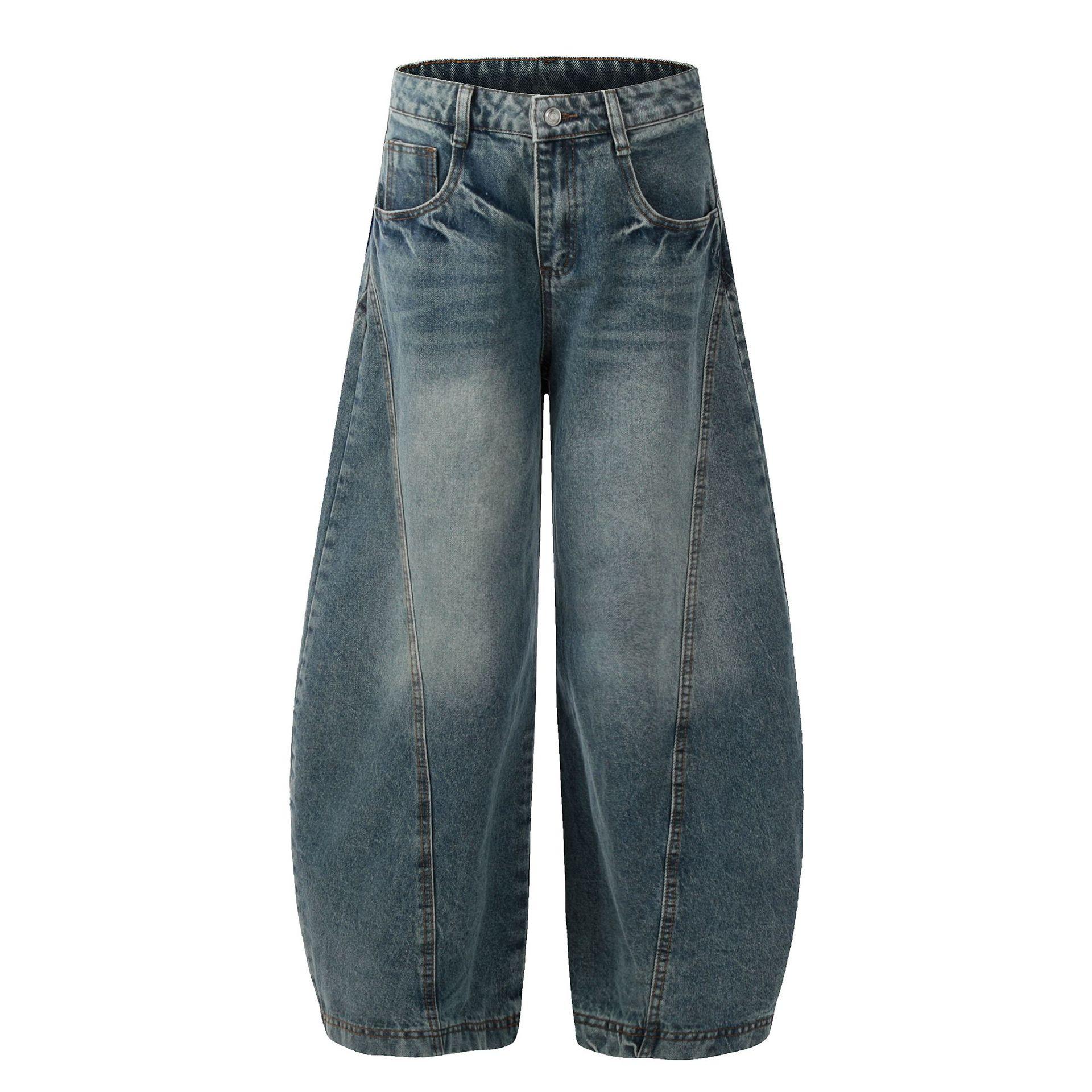 Men s American retro washed personalized scimitar jeans men s vibe wide-leg trousers S синий