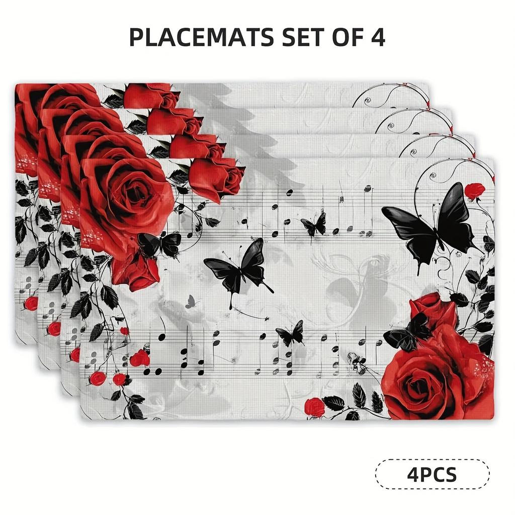 4pcs Elegant Red Rose & Black Butterfly Placemats On White Background - 12"x18" Polyester Woven Table Mats for Spring/Summer Dining, Wedding Banquets