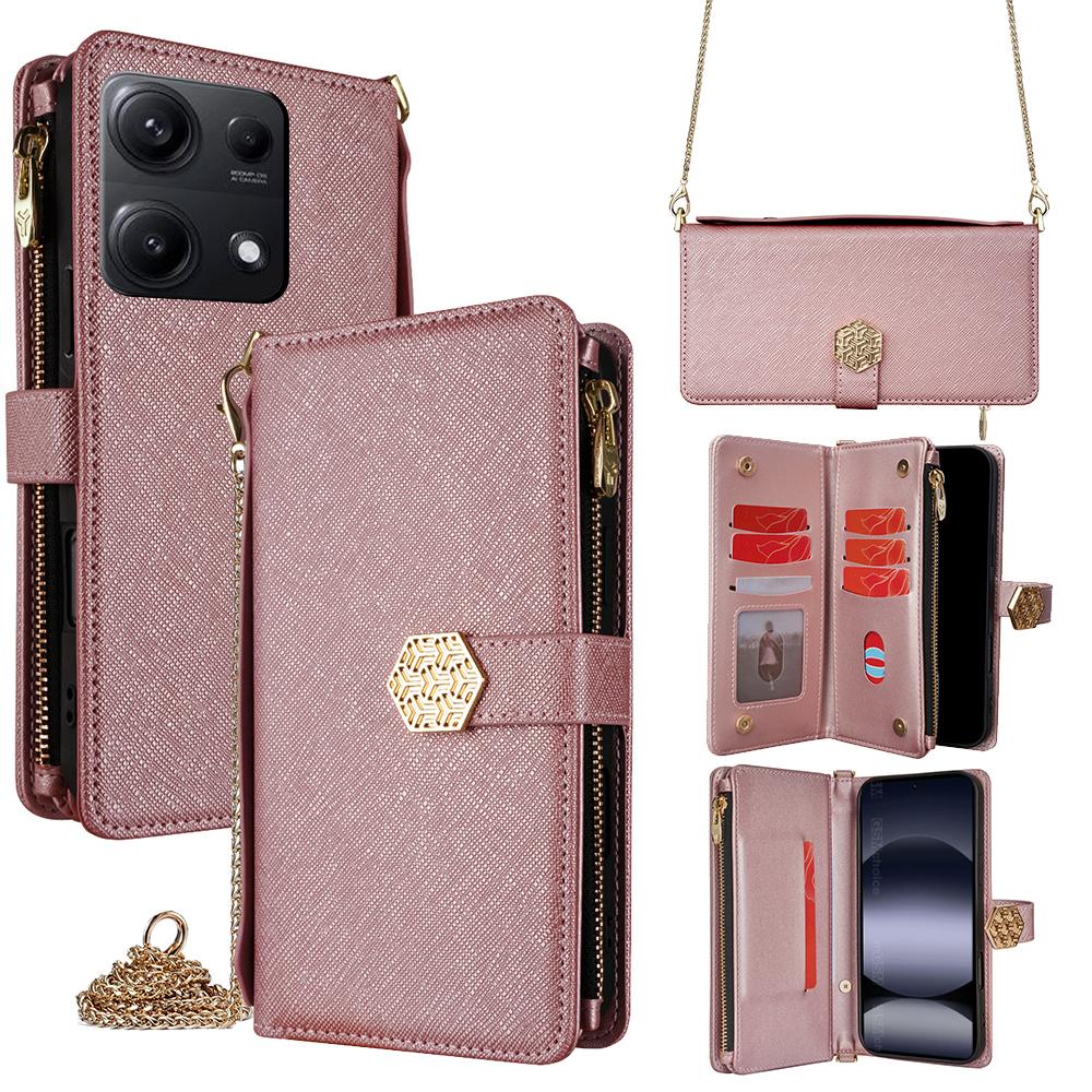 

For Xiaomi Redmi Note 14S 4G Case Cross Texture PU Leather+TPU Wallet Phone Cover with Strap Rose Gold