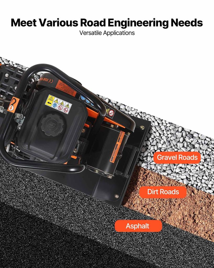 Plate Compactor, 6.5 HP 196CC Gas Engine, 5600 VPM Vibrating Ground Rammer, 10.5 kN Compaction Force, 51 X 37 Cm Plate, Walk Behind Compactor for