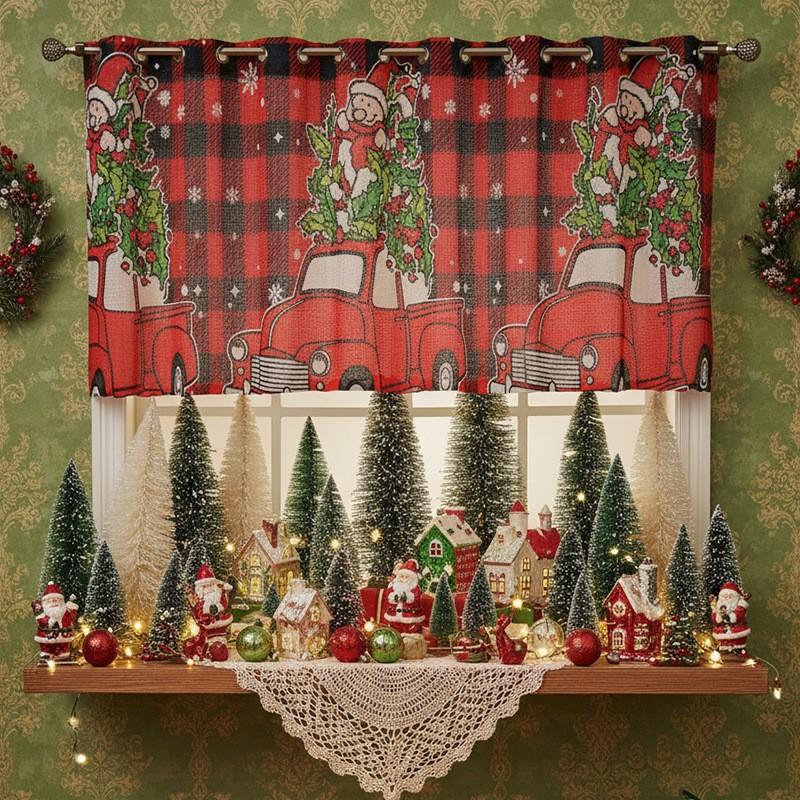 American Christmas Print Lace Curtain Short Window Valance Rectangular Decorative Kitchen Dining Bedroom