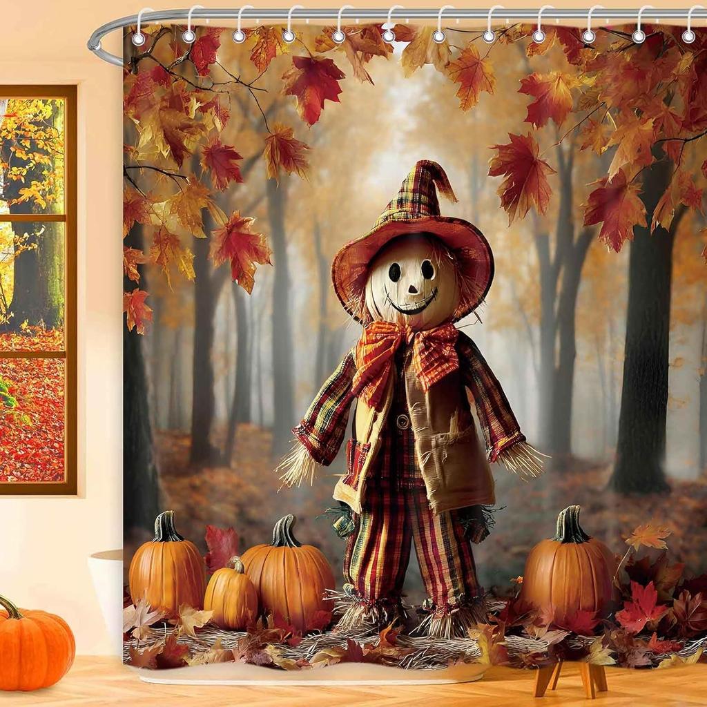 Fall Shower Curtains for Bathroom, Autumn Maple Leaves Cute Cat Dog Decorative Harvest Farmhouse Home Decor Polyester Fabric