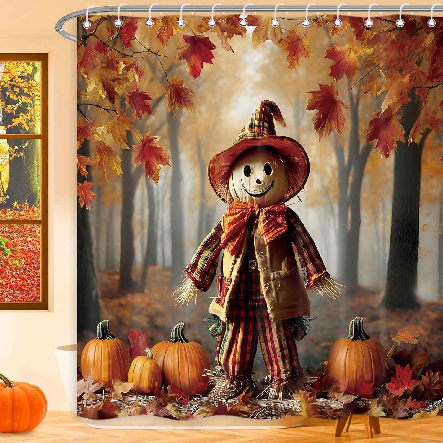 

Fall Shower Curtains For Bathroom, Autumn Maple Leaves Cute Cat Dog Decorative Harvest Farmhouse Home Decor Polyester Fabric W60H190(CM)-1 Pcs