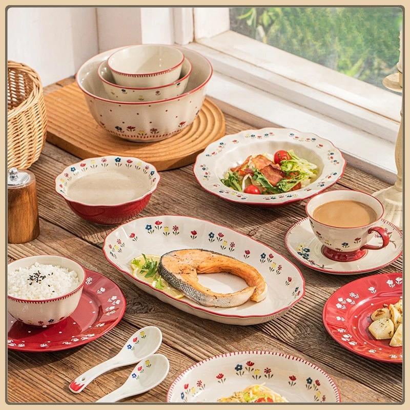 Pastoral Style Ceramic Tableware Soup Bowl Salad Bowl Dish Pasta Dessert Plates Dinnerware Dinnerware Table Decoration