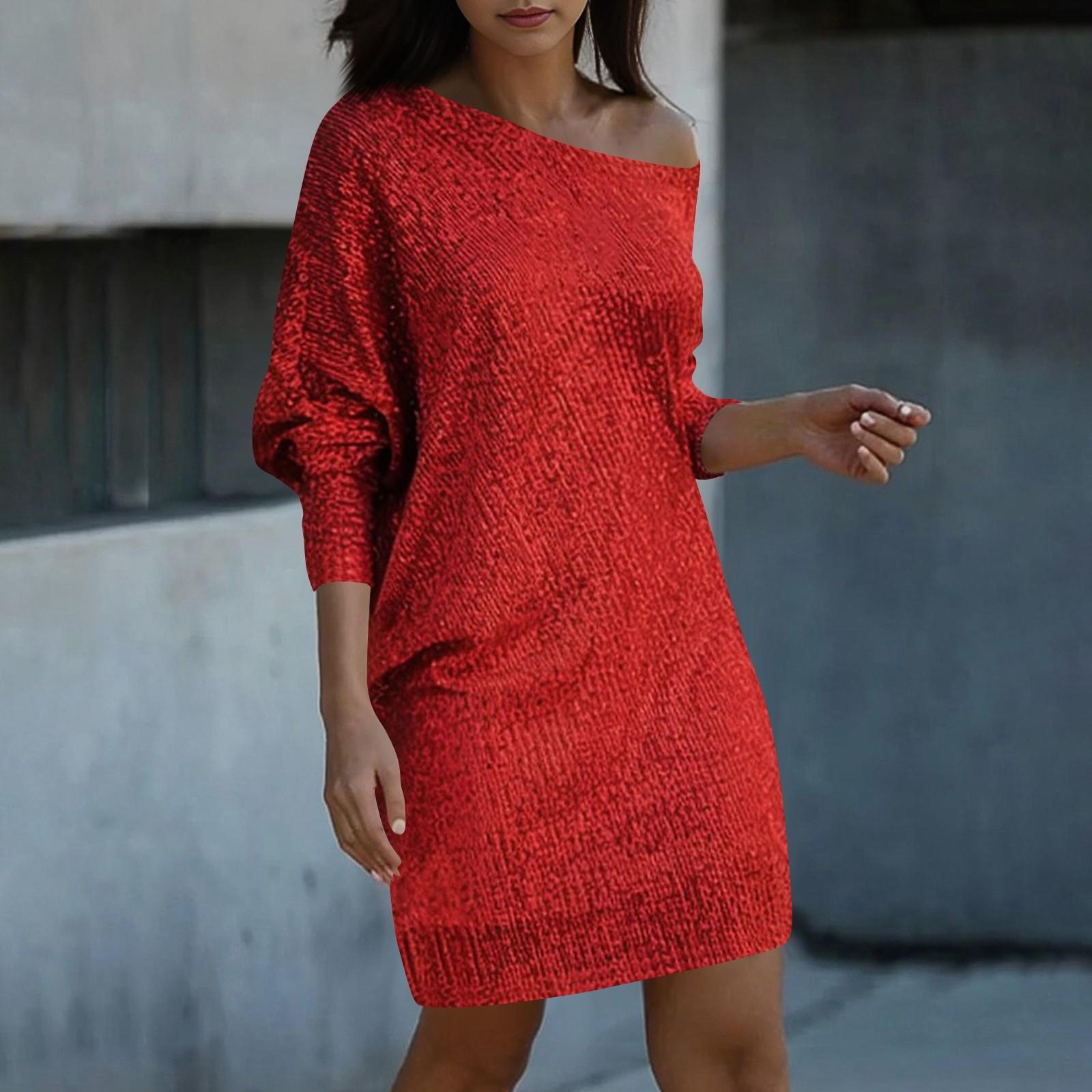 

Женские модные платья Платья с косыми плечами и длинными рукавами Однотонные сексуальные платья L красный