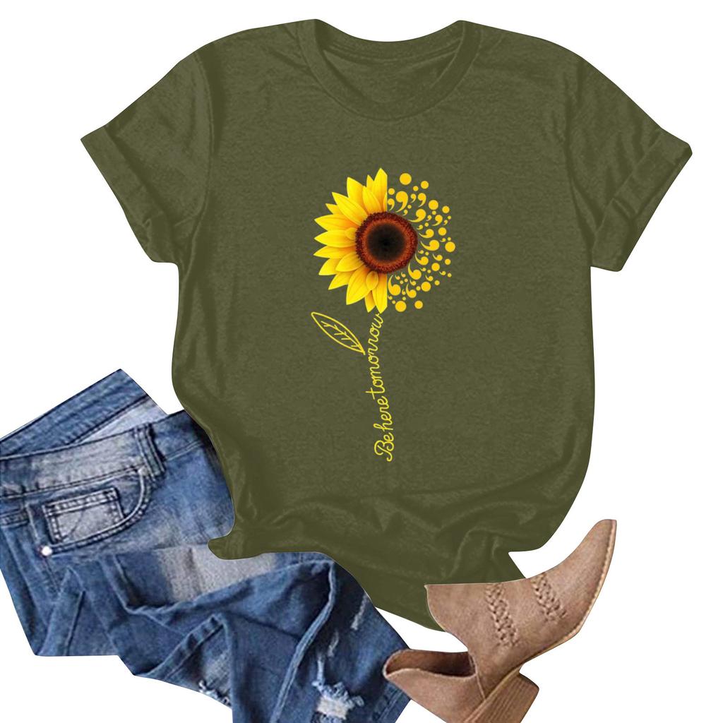 Sunflower Ladies Cute Print Short Sleeve Round Neck Front Shoulder Vintage Short Sleeve Summer Loose Shirt Top