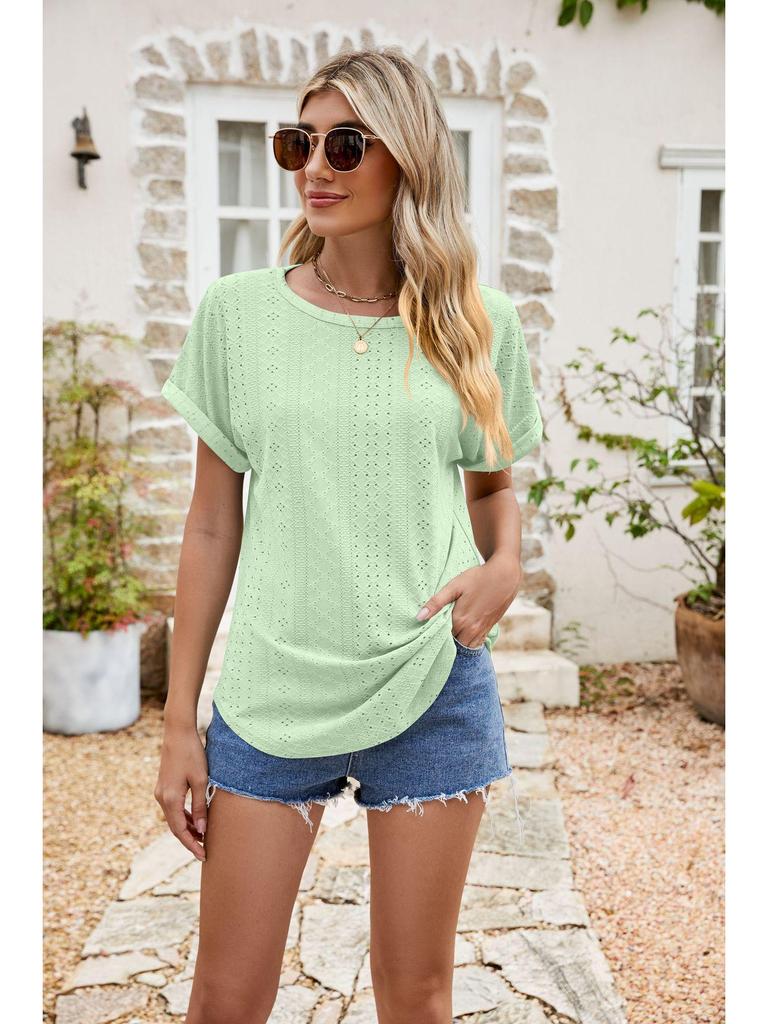 Women's Eyelet Summer Round Neck Short Sleeve Casual T-shirt