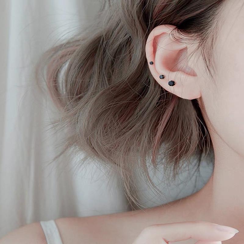 Black Zircon Diamond Stud Earrings with Four-Prong Set, S925 Silver Needle, Versatile Mini Rhinestone Jewelry for Women